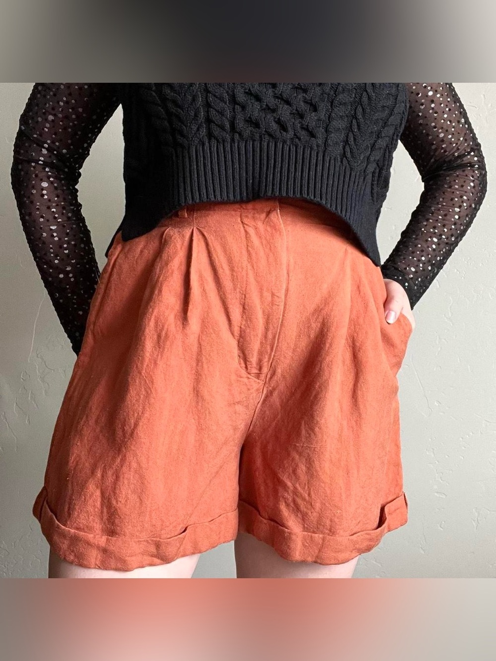 High waisted orange linen pleated shorts